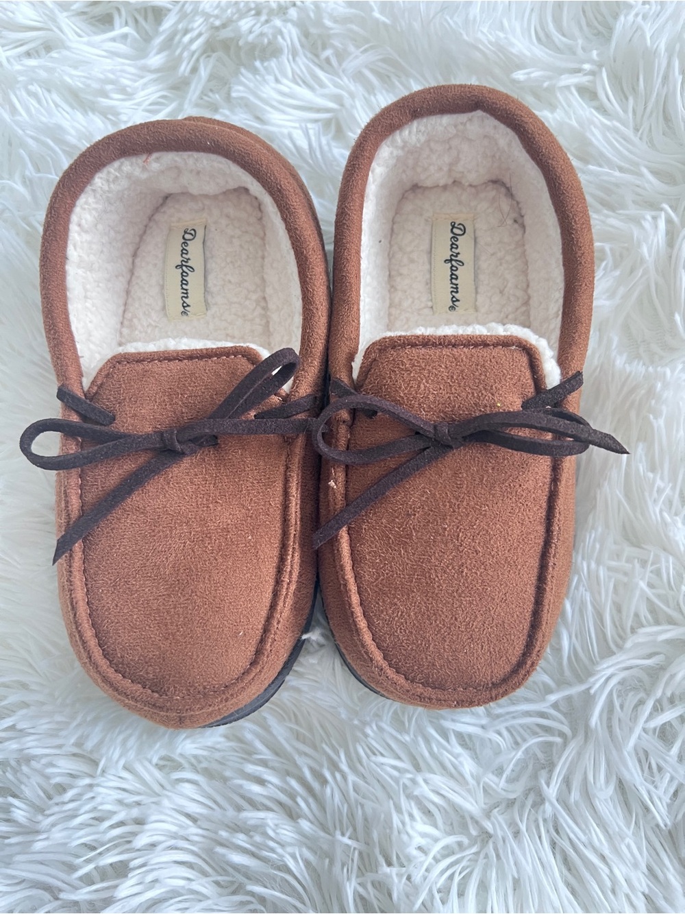 dearfoams Kids Brown Suede Moccasin Slippers with Cream Lining